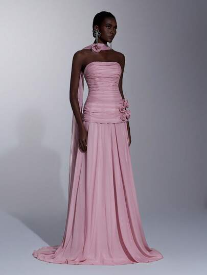 Elitara 优雅、浪漫、时尚、端庄、粉色、欧根纱面料、褶皱装饰、3D装饰、胸罩杯、超大裙摆、优雅派对礼服、婚礼宾客礼服、单身派对礼服、正式晚礼服