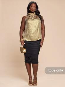 SHEIN BAE Plus Size Women Gold Plunging Neckline Blouse,Elegant Summer Curve Cocktail Office Daily Music Festival Asymmetrical Pleated Fashion Blouse - Gold - View 3