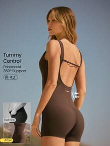 GLOWMODE 4.3" FeatherFit™ Sculpt & Flow Buttery-Soft Sweat-Wicking Stretchy Tummy Control Removable Cups Side Pockets U-Back Bodysuit Romper Low Impact Yoga Pilates Studio Gym Workout Daily Wear - Brown - View 10