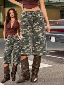 Jeanoix Y2K 女士牛仔迷彩阔腿七分裤 - 彩色 - 查看 1