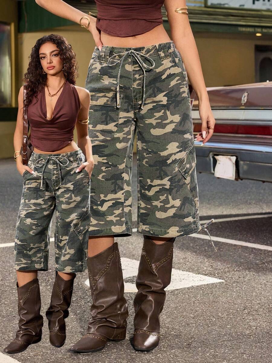 Jeanoix Y2K 女士牛仔迷彩阔腿七分裤 - 彩色 - 查看 1