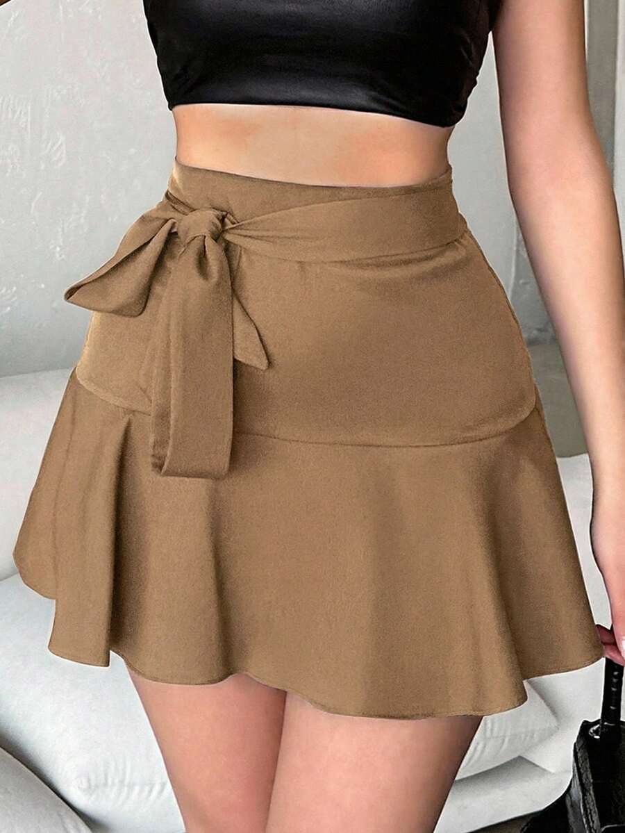 EURMUSE 女士纯色打结设计休闲百搭约会外出迷你裙 - 摩卡棕 - 查看 1
