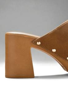 SHUZIA Women's Minimalist Thick Platform Slip-On Pumps With Rivets Decor - Maroon - View 6