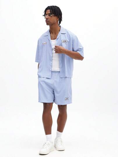 SUMWON Striped Button Down Short Sleeve Shirt And Matching Shorts Co Ord Set Summer Casual Two Piece Outfit Vintage Racing Patches