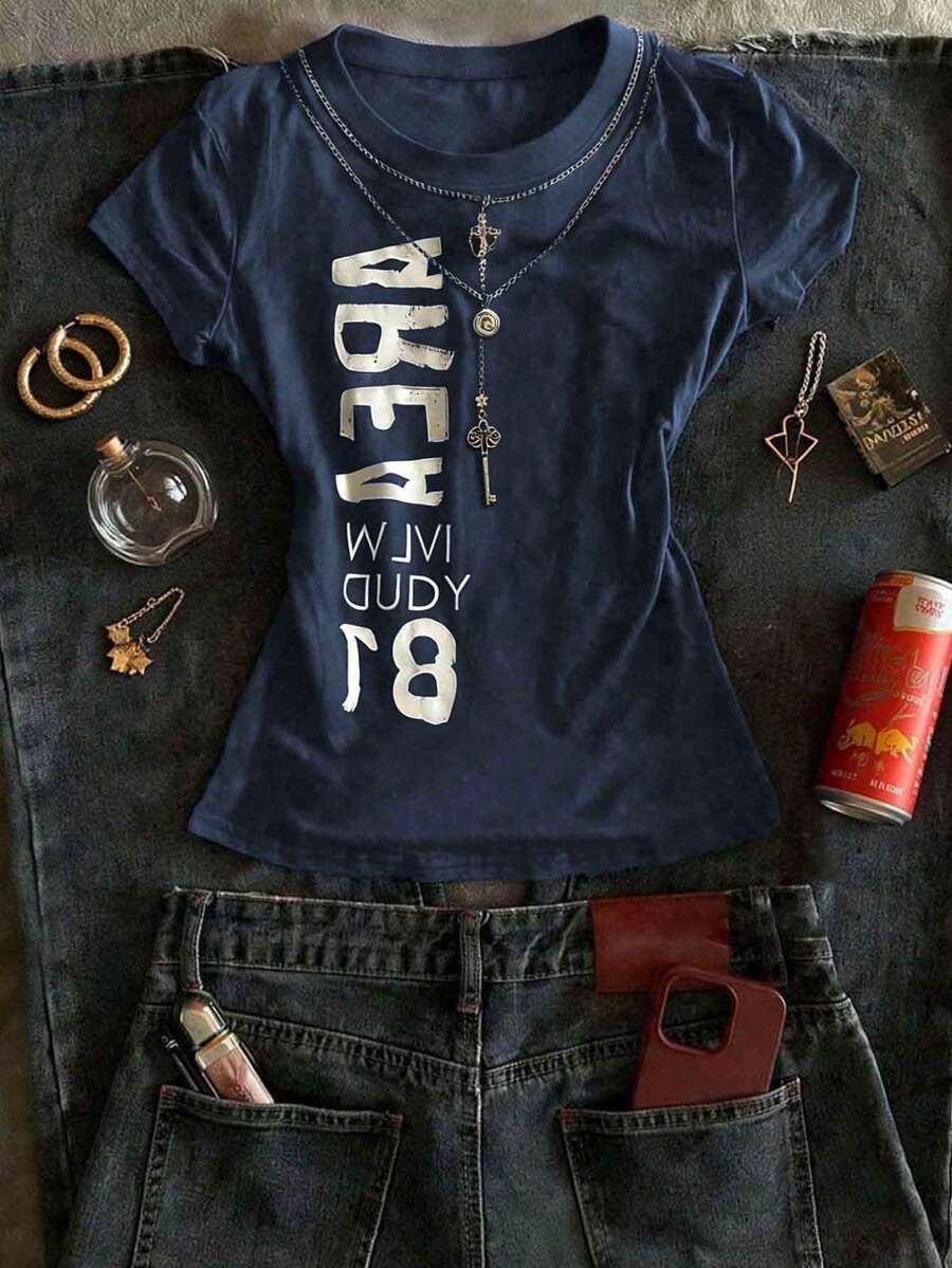 Noixe Áo thun cổ tròn họa tiết chữ cái phong cách Y2K retro, thoải mái, nhiều màu sắc, thích hợp cho nữ, phong cách đường phố thường ngày. - Màu xanh hải quân - Xem 1