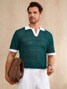 Manfinity CityGents Men's Summer Casual Vacation Contrast Trim Mesh Hollow Short Sleeve Knit Top - Green - View 1