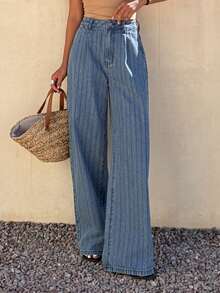 Livesso 女士休闲条纹水洗直筒牛仔裤，四季皆宜 - 中等水洗藍 - 查看 5