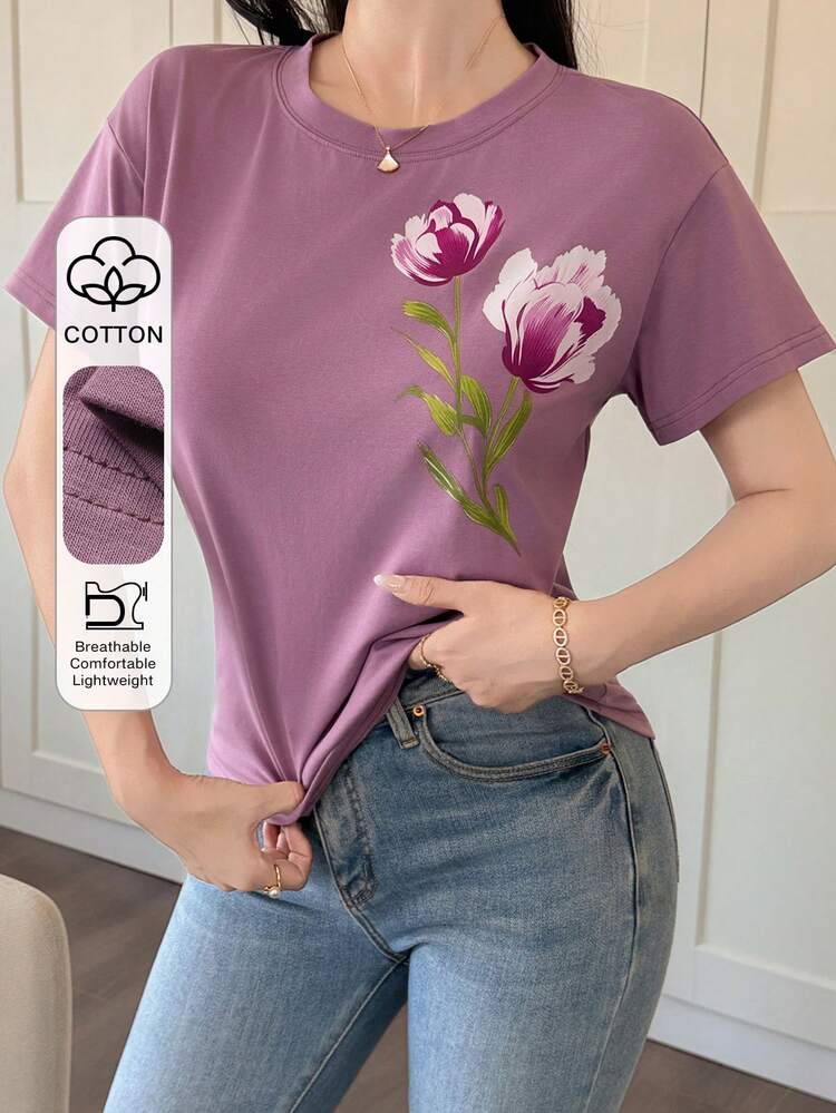 Women's Elegant Floral Print T-Shirt, Summer Graphic Tees Women