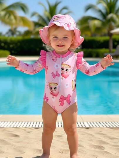 Sparklyn Traje de baño de una pieza con volantes de manga larga en color rosa/rojo/blanco para bebés niñas, cómodo y elástico para nadar en verano con sombrero