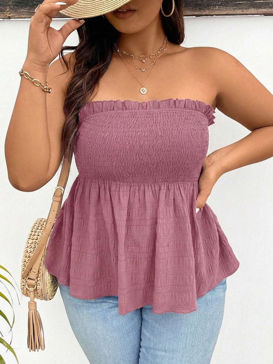 SHEIN Frenchy Top bandeau con volantes de unicolor para mujer de talla grande - Rosa coral - Ver 1