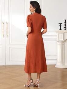 Miaspire 女士纯色重叠V领短花瓣袖休闲通勤中长连衣裙 - 橘色 - 查看 4