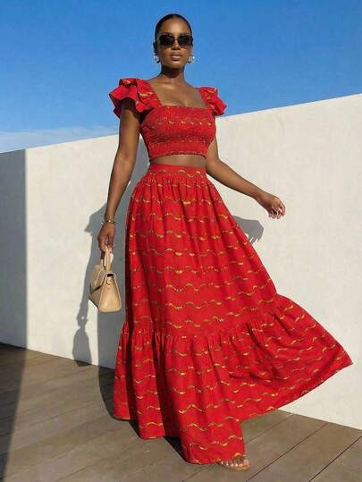 BamGleam Spring Valentine's Day New Year Holiday New Design Square Collar Flare Sleeve Women's Blouse, Fashionable Resort Casual Style, Suitable For Travel, Daily Wear, Back To School, Party And Gathering