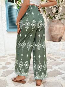 SHEIN Summer Outfit Vacation   Green Bohemian Print Maternity Loose-Fitting Pants With Elastic Waistband Maternity Geometric Pattern Tie-Waist Wide Leg Pants For Vacation - Green - View 2