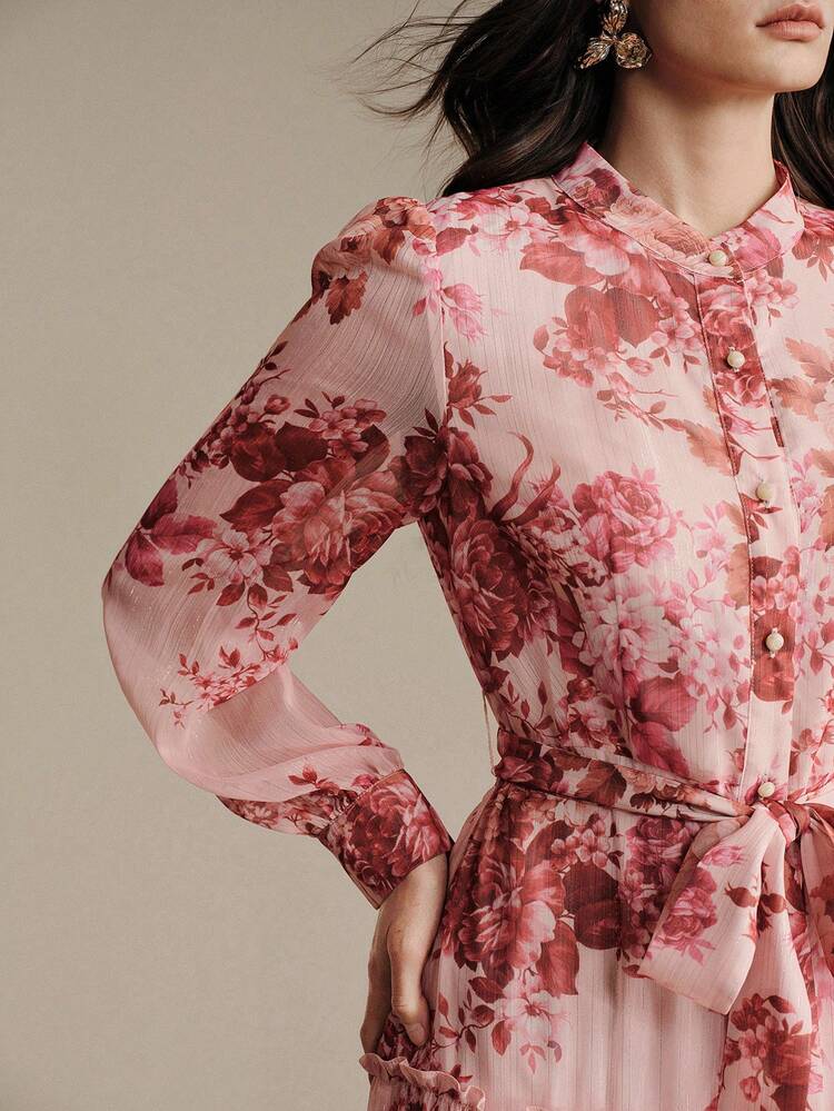 Spring & Summer New Arrival Stand Collar Dopamine Floral Print Elegant Maxi Dress, Fashionable Vacation Style, Suitable For Valentine's Day Outfit