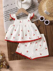 LMoss Kids Bộ đồ 2 món cho bé gái, gồm áo vest và quần short dệt kim cổ vuông, viền bèo nhún, in hình quả anh đào. - Nhiều màu - Xem 2