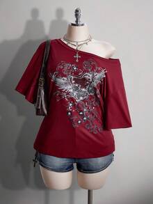 SHEIN ICON Camiseta holgada con hombros oblicuos y estampado punk para mujer de talla grande - Burdeos - Ver 1