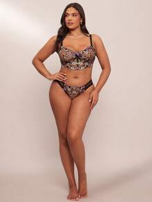 SHEIN BAE 2pcs Plus Size Women Contrast Color Embroidered Sexy Lingerie Set - Black - View 8