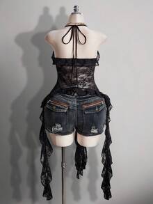 SHEIN ICON 大码女式蕾丝拼接荷叶边吊带系带性感百搭上衣，适合约会和外出穿着 - 黑色 - 查看 2