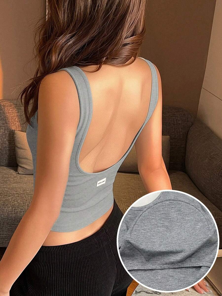 DAZY Minimalist Built-In Padded Backless Letter Graphic Decor Camisole Tank Top For Women - Grey - View 1