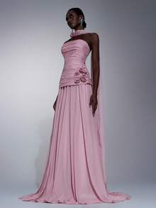 Elitara Elegant, Romantic, Fashionable, Dignified, Pink, Organza Fabric, Ruched Decor, 3D Decoration, Bust Cup, Extra-Large Skirt, Elegant Party Dress, Wedding Guest Dress, Bachelorette Party Dress, Formal Evening Gown - Dusty Pink - View 5
