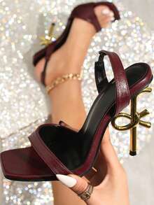 Arave 2025 Summer New High Heel Sandals, Stiletto Heel, Sexy Strap, Elegant Square Toe, Versatile, Gold Shoes - Burgundy - View 6