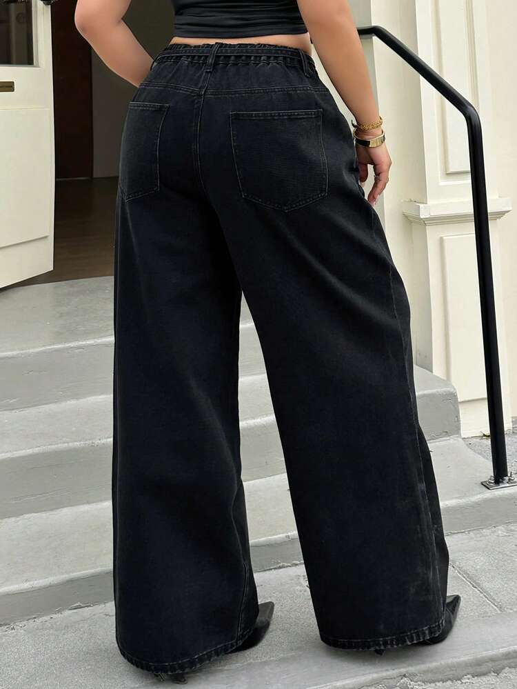 Dazy Plus Fashionable Vintage Washed Loose Wide Leg Jeans With Belt Decor, Plus Size Women Long Denim Pants