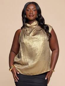 SHEIN BAE Plus Size Women Gold Plunging Neckline Blouse,Elegant Summer Curve Cocktail Office Daily Music Festival Asymmetrical Pleated Fashion Blouse - Gold - View 7