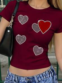 Girls' Short Fitted T-Shirt, Casual Minimalist Heart & Rhinestone Print Sleeve Round Neck Tee, Suitable For Summer, American Style, Wine Red - Pink - View 1