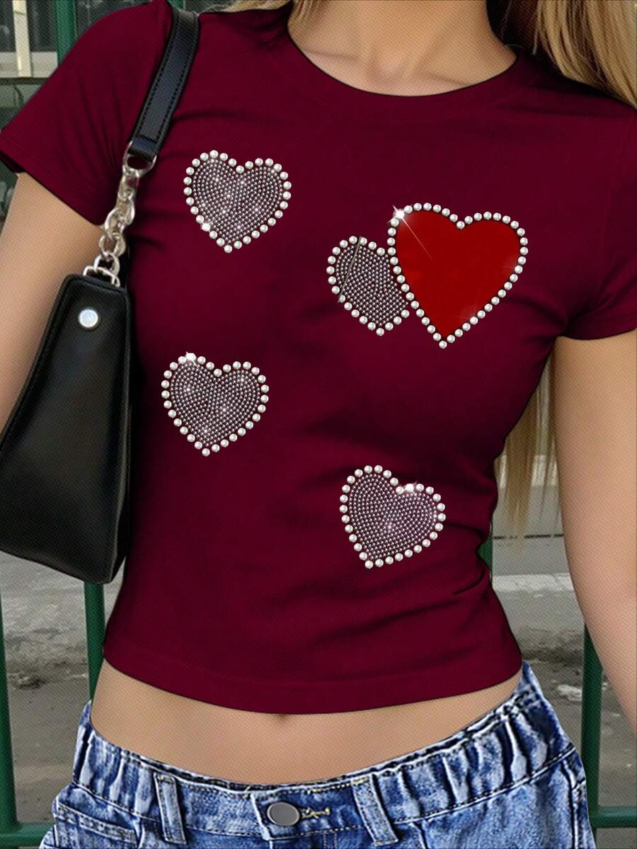 Girls' Short Fitted T-Shirt, Casual Minimalist Heart & Rhinestone Print Sleeve Round Neck Tee, Suitable For Summer, American Style, Wine Red - Pink - View 1