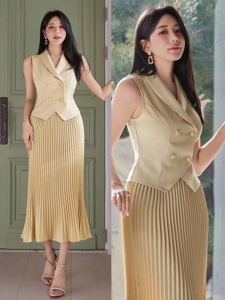 Women's Elegant Solid Color Vest With Pleated Skirt 2-Piece Set, Spring/Summer,Wedding Guest Dress Women