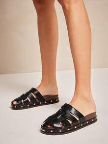 Solezae Women's Vintage Roman Style Woven Slip-On Flat Clogs - Black - View 2