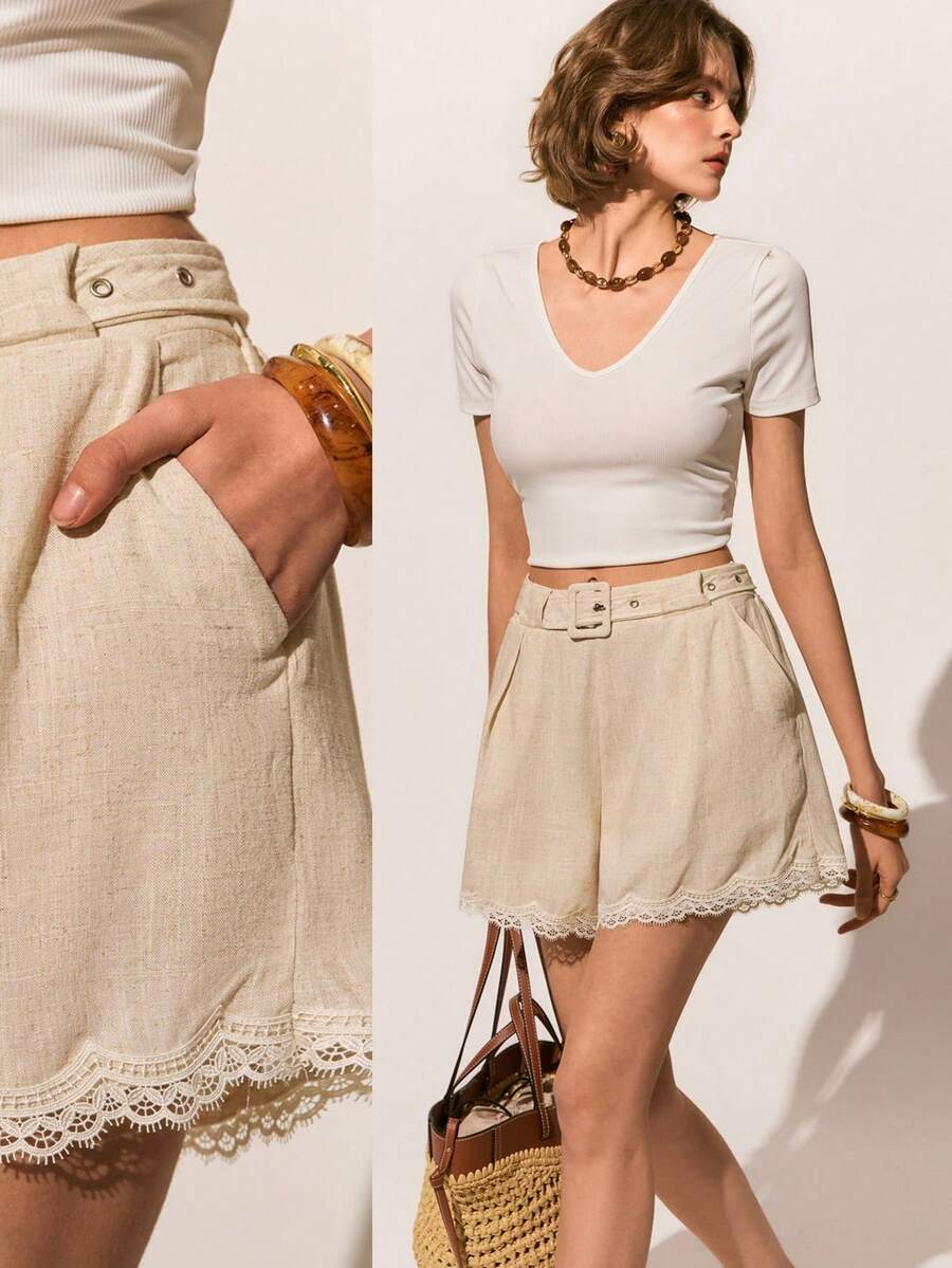 Poéselle Women's Summer Casual Vacation & Commute Contrast Lace Loose Shorts With Pockets And Belt - Apricot - View 1