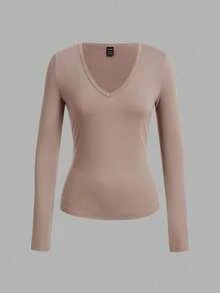 SHEIN EZwear 3 件套女式深 V 领弹力长袖打底 T 恤套装，适合秋冬季 - 彩色 - 查看 4