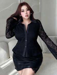 Dazy Plus Elastic Fitted Lace Long Sleeve Cropped Turndown Collar Cardigan Sheer Black T-Shirt Going Out Tops Women - Black - View 4