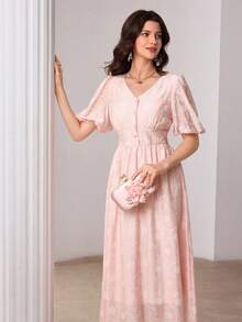 Modelyn V-Neck Puff Sleeve Jacquard Front Button Closure Pink Dress - Pink - View 7