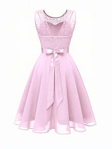 Olithes Women's Sleeveless Pink Lace Dress, Summer - Baby Pink - View 2