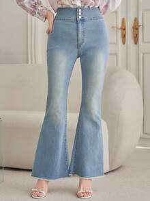 DAZY Women's Casual Washed Frayed Hem Flare Leg Jeans, Spring/Summer - Medium Wash - View 10