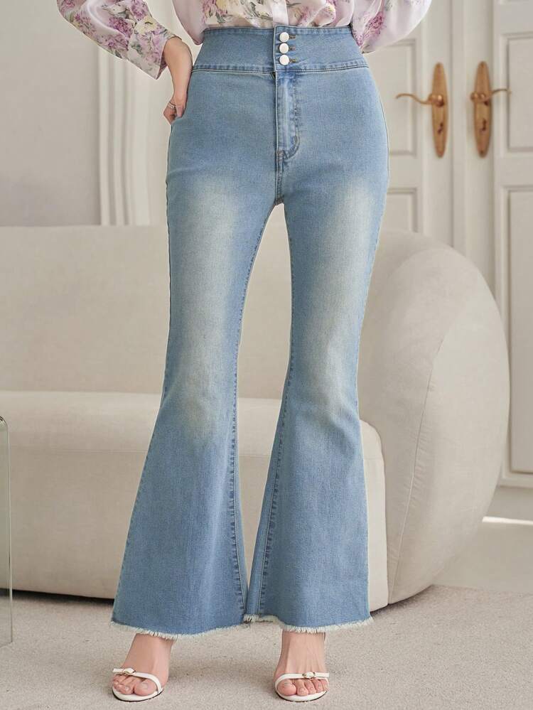Women's Casual Washed Frayed Hem Flare Leg Jeans, Spring/Summer