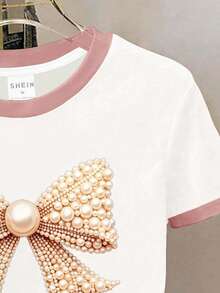 Schleife Muster, Tween Mädchen Lässig Minimalist Kurzarm Rundhals T-Shirt, geeignet für Sommer, Lässig Campus Sport Stil, Outdoor Picknick, Straßenfotografie, Zuhause - Verschiedenfarbig - Übersicht 5