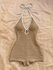 Soleia Bộ jumpsuit nữ dáng ôm, cổ chữ V, buộc nơ phía trước, khoét rỗng, viền tương phản, chất liệu gân, thích hợp cho kỳ nghỉ, dự tiệc, hẹn hò, tiệc trà chiều, đi biển. - Màu be - Xem 4