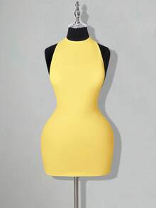 SHEIN ICON Vestido mini casual y sexy de unicolor sin espalda - Amarillo - Ver 7