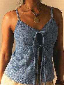 Athîral Women's Casual Vacation Spaghetti Strap Sleeveless Off Shoulder Paisley Blue Lace Up Denim Shirt, Suitable For Going Out, Dating, Commuting, Loose Fit, Blue Washed Denim Top, - Medium Wash - View 5