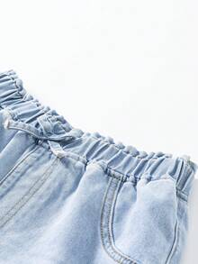 SHEIN Quần short denim thường ngày cho nữ tuổi teen, hàng mới về, kiểu dáng tối giản, đa năng, cạp chun nhún, màu xanh nhạt, chất liệu mềm mại. - Màu xanh lam - Xem 5
