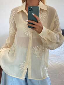 DAZY 植物印花串珠刺绣落肩袖女式衬衫 - 杏色 - 查看 5