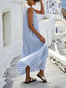 SHEIN Holidaya 女士新款V领无袖宽松摆裙，适合度假、旅行和休闲穿着 - 藍白色 - 查看 2
