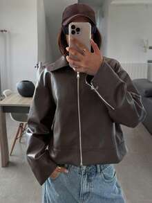 DAZY Women's Loose Fit Lapel PU Jacket, Suitable For Spring Outings And Autumn/Winter - Coffee Brown - View 5