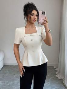 Selianne Chemise à manches courtes plissée à boutons, couleur unie, à la mode et polyvalente pour femme, idéale au quotidien. - Nude - Voir 3