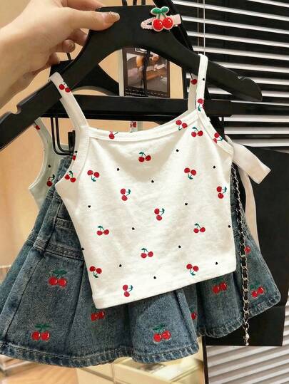 SHEIN Adorable Ballet-Inspired Mini Heart & Cherry Print Pattern Camisole Top, Chic And Casual Suitable For Summer, Cute Summer Outfits, Summer Kids Items, Summer Outing Items, Korean Style, Homecoming, Easy Comfort & Stylish Kids, Spring & Summer Outfits, Casual Wear, Baby & Kids Graphic Tops, Summer New Style, Spring & Summer Fashion