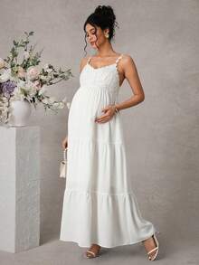 Momance 孕妇夏季休闲度假风蕾丝拼接层叠下摆吊带连衣裙 - 白色 - 查看 6