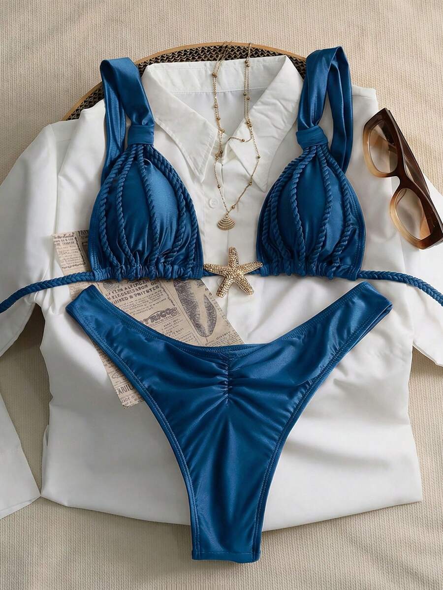 Swim Chiccia 女士两件套性感优雅复古浪漫荷叶边吊带咖啡棕色沙滩套装，比基尼泳装 - 寶藍色 - 查看 1